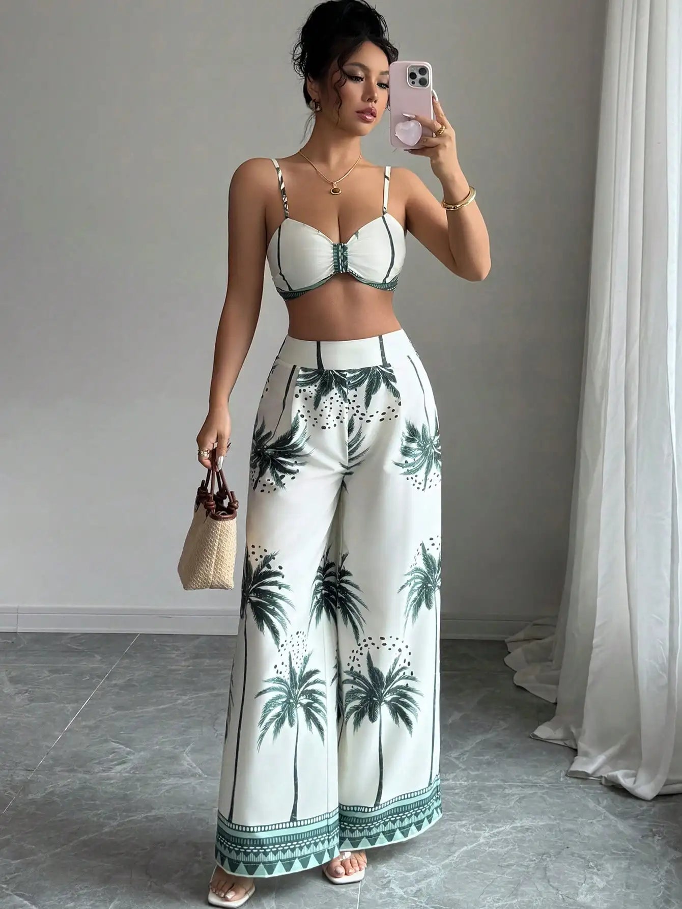 Women’s Tropical Palm Print 2-Piece Set Wide Leg Pants & Crop Top
