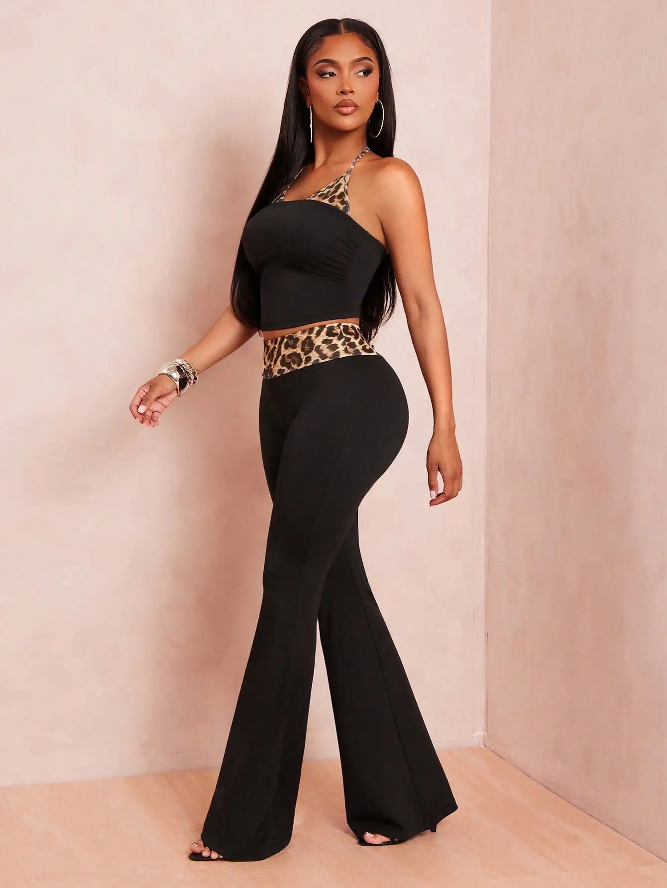 Women’s Y2K Leopard Patchwork Camisole & Flare Pants Set