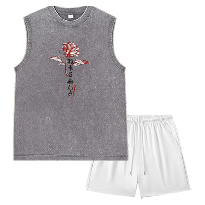Summer Men's Washed Tank Top & Athletic Shorts Set Retro Graphic Print