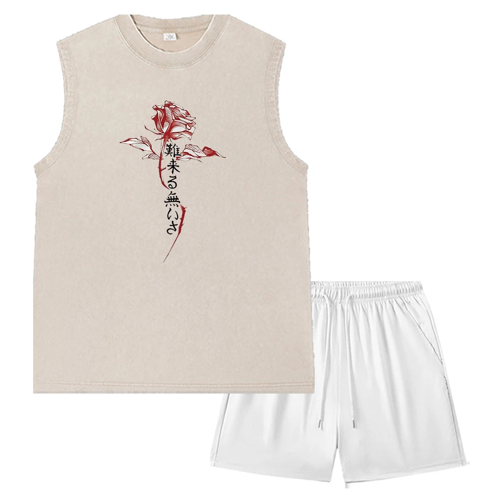 Summer Men's Washed Tank Top & Athletic Shorts Set Retro Graphic Print