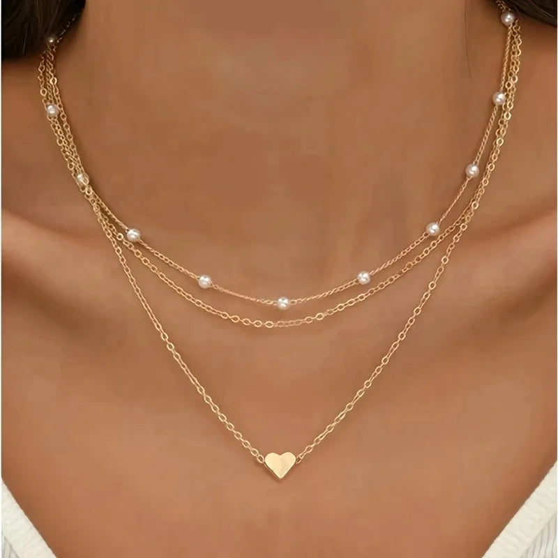 Women’s Imitation Pearl Necklace Set – Gold Love Pendant