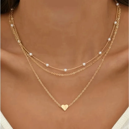 Women’s Imitation Pearl Necklace Set – Gold Love Pendant
