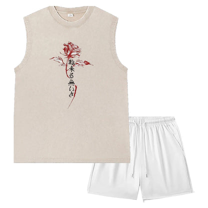 Summer Men's Washed Tank Top & Athletic Shorts Set Retro Graphic Print