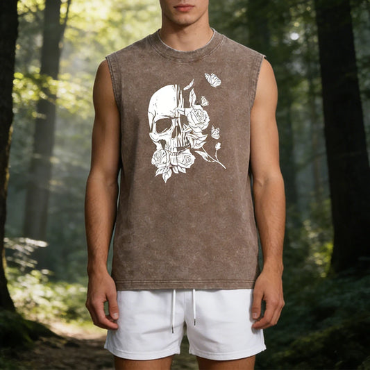 Summer Men’s Outfit Black Tank Top & Skull Graphic Beach Shorts