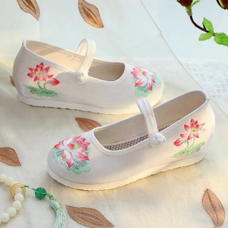 Women’s White & Green Lotus Embroidery Mary Jane Wedge Shoes