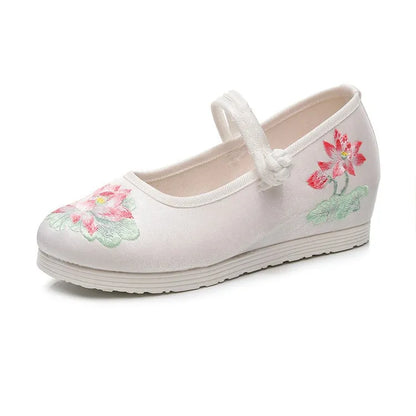 Women’s White & Green Lotus Embroidery Mary Jane Wedge Shoes