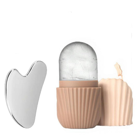 Set of skincare tools including a heart-shaped tool, marble-textured roller, and pink container on a white background.