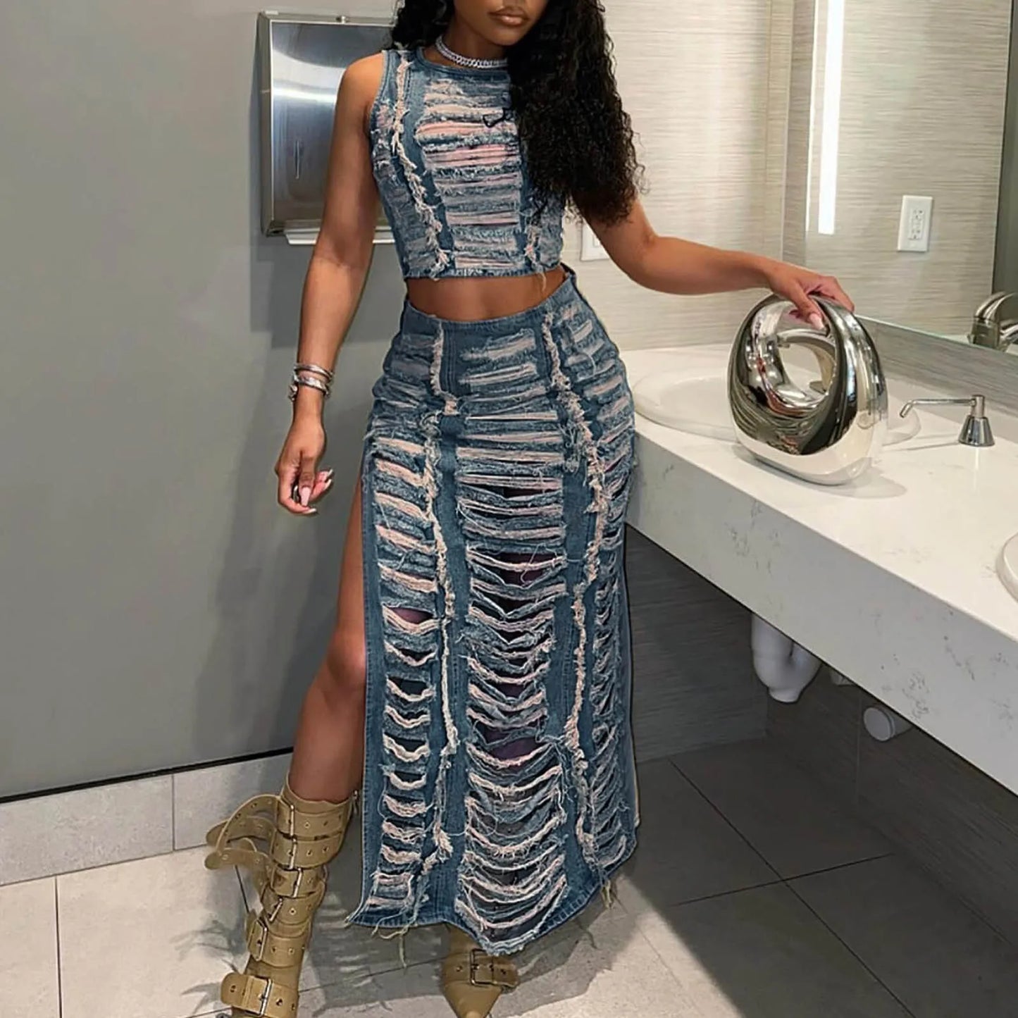 Streetwear Ripped Denim Set Crop Top & Slit Skirt