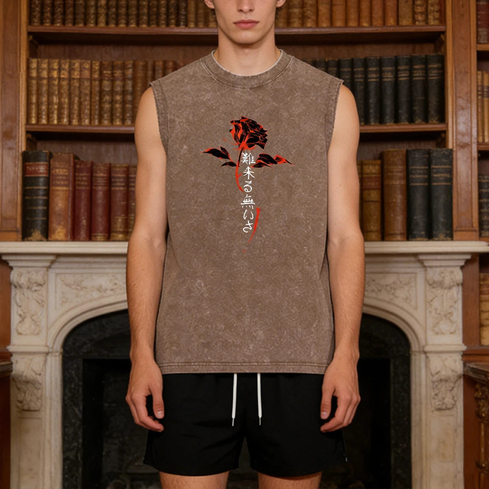 Summer Men's Washed Tank Top & Athletic Shorts Set Retro Graphic Print