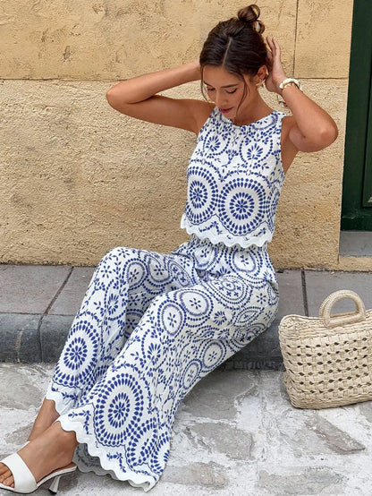 Women’s Blue & White Print Sleeveless Top & Wide Leg Pants Set
