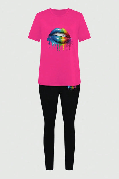 Rainbow Lips Print 2-Piece Set Pink T-Shirt & Black Leggings
