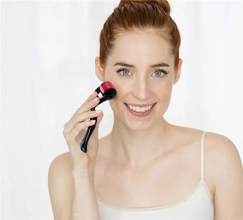 Woman applying makeup with a brush on a white background