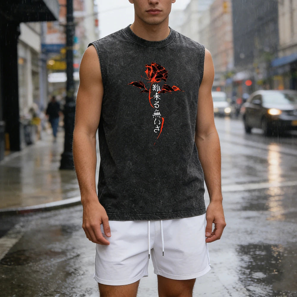 Summer Men's Washed Tank Top & Athletic Shorts Set Retro Graphic Print