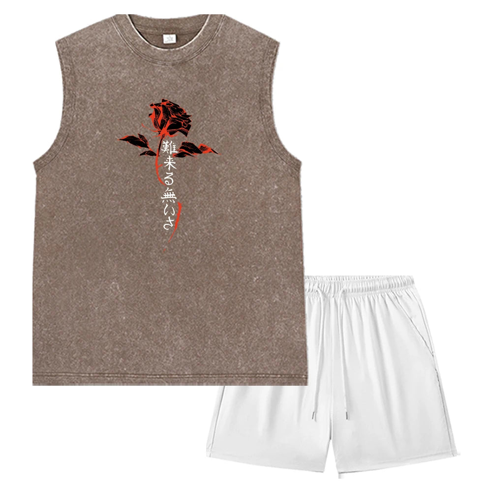 Summer Men's Washed Tank Top & Athletic Shorts Set Retro Graphic Print