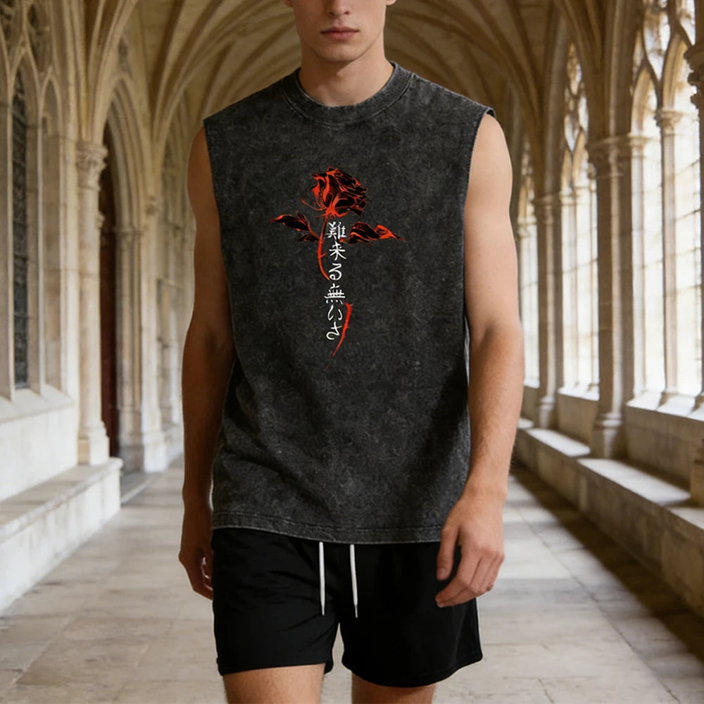 Summer Men's Washed Tank Top & Athletic Shorts Set Retro Graphic Print