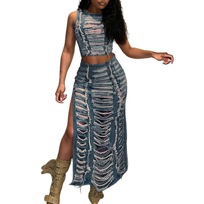 Streetwear Ripped Denim Set Crop Top & Slit Skirt