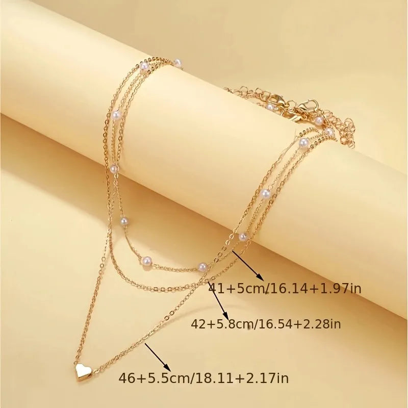 Women’s Imitation Pearl Necklace Set – Gold Love Pendant