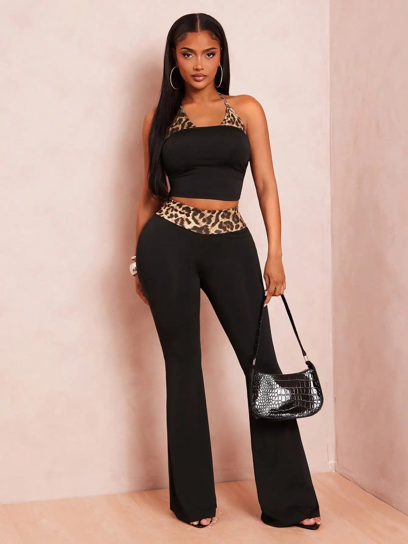 Women’s Y2K Leopard Patchwork Camisole & Flare Pants Set