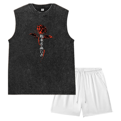 Summer Men's Washed Tank Top & Athletic Shorts Set Retro Graphic Print