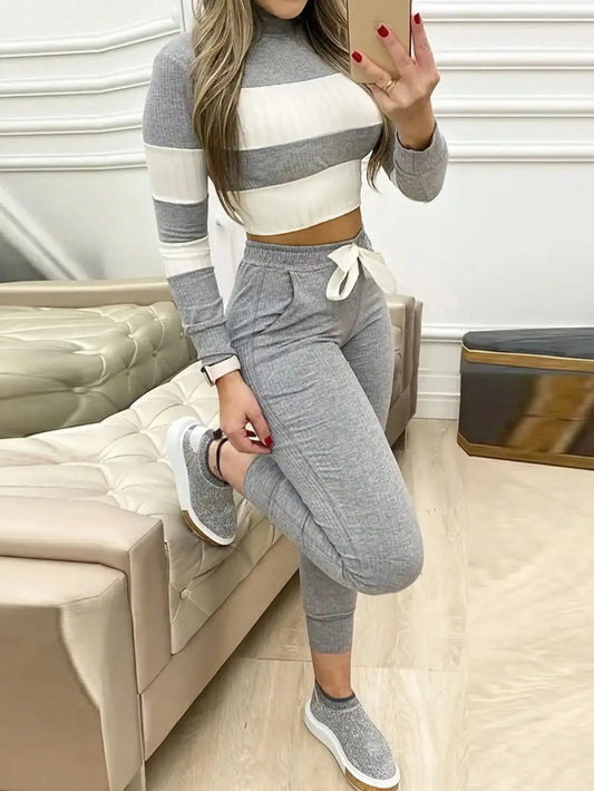 Color Block Crop Top & Jogger Set with Bow Waist