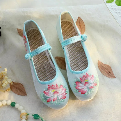 Women’s White & Green Lotus Embroidery Mary Jane Wedge Shoes