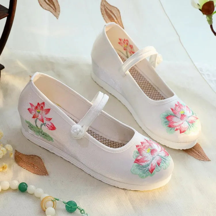 Women’s White & Green Lotus Embroidery Mary Jane Wedge Shoes