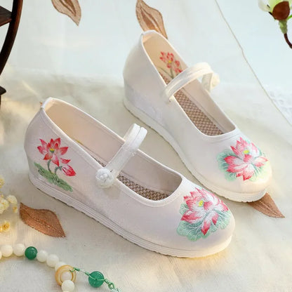 Women’s White & Green Lotus Embroidery Mary Jane Wedge Shoes