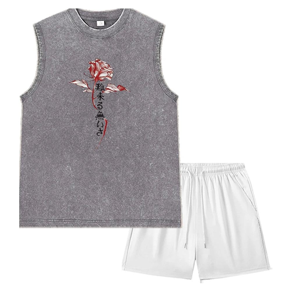 Summer Men's Washed Tank Top & Athletic Shorts Set Retro Graphic Print