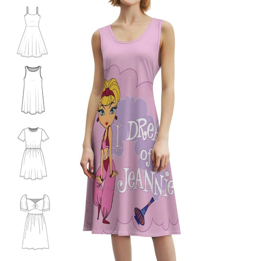 Pink dress with 'I Dream of Jeannie' design featuring a character holding a cocktail.
