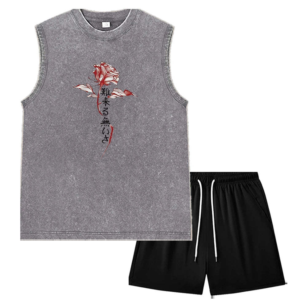 Summer Men's Washed Tank Top & Athletic Shorts Set Retro Graphic Print