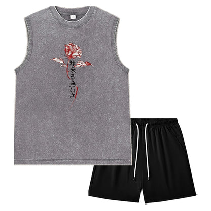 Summer Men's Washed Tank Top & Athletic Shorts Set Retro Graphic Print