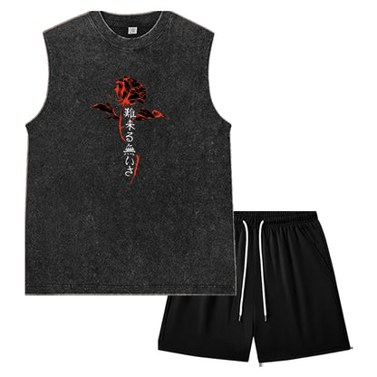 Summer Men's Washed Tank Top & Athletic Shorts Set Retro Graphic Print
