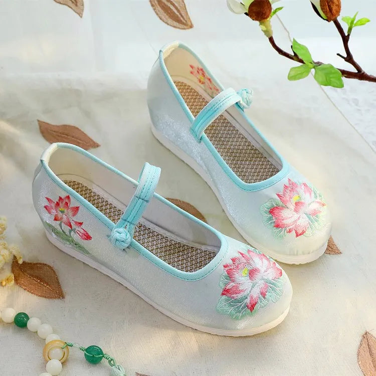 Women’s White & Green Lotus Embroidery Mary Jane Wedge Shoes