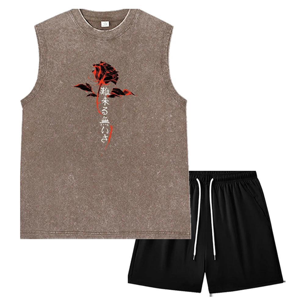 Summer Men's Washed Tank Top & Athletic Shorts Set Retro Graphic Print