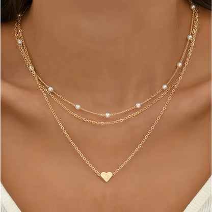 Women’s Imitation Pearl Necklace Set – Gold Love Pendant